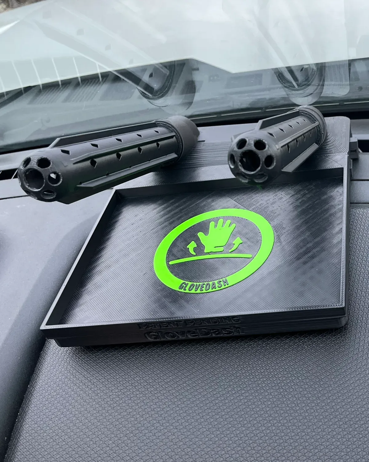 Black GloveDash tray with both drying tubes removed and stored beside it